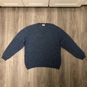 Vintage V- Neck Wool Sweater Handmade Hand Knit 70s Men's Size Medium Pale Blue